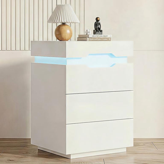Lacoo Modern End Table with LED Lights & Charging Station, White Nightstand with 3 Drawers & Upper Storage for Living Room Bedroom, 3 Drawer