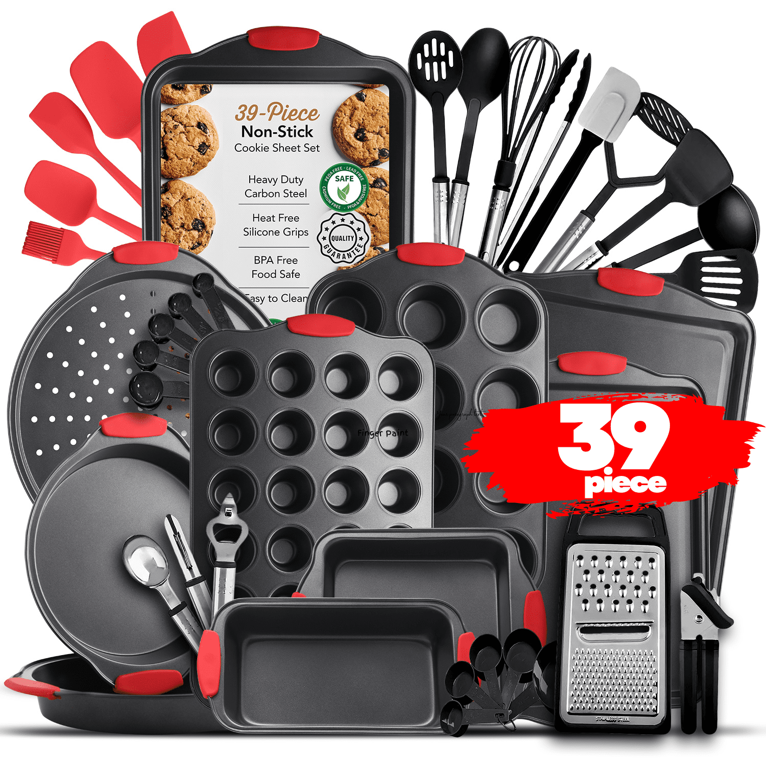 LammaLoe Bakeware Sets Nonstick Carbon Steel, 39 Piece Black Baking Pan Set With Silicone Handles & Black Cooking Utensil Set