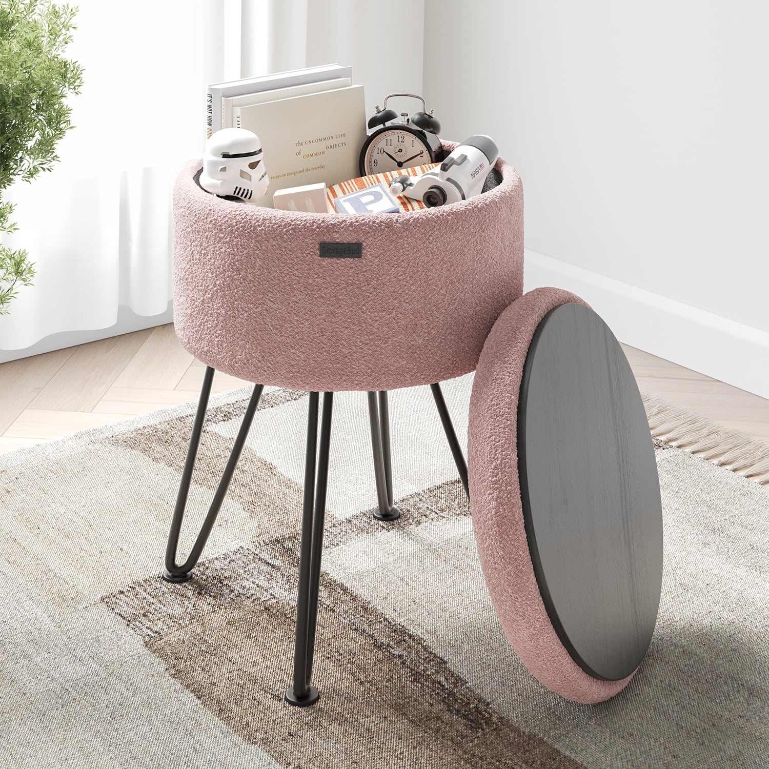 LammaLoe Small Round Ottoman with Storage, Boucle Ottoman Foot Stool with Lid, Upholstered Vanity Stool for Living Room & Bedroom, Pink
