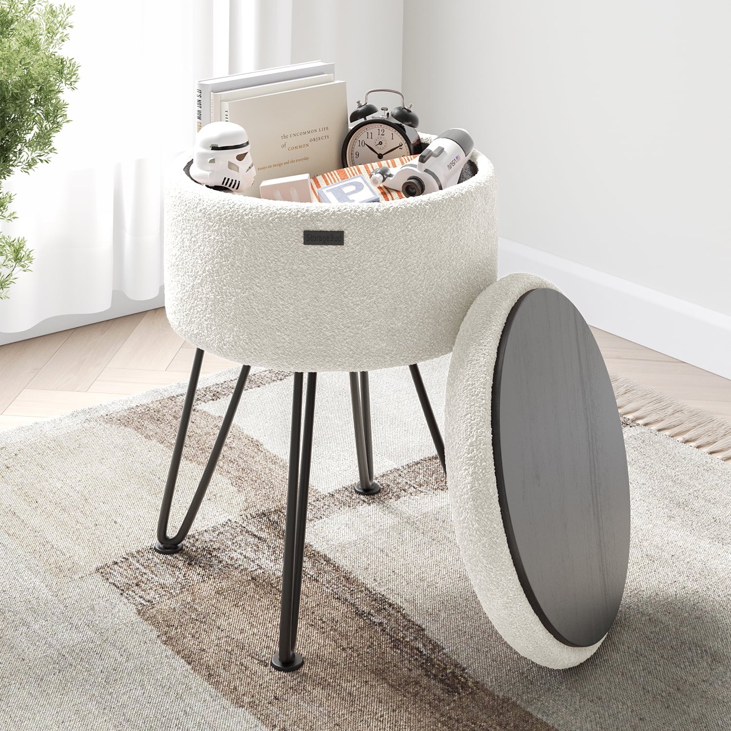 LammaLoe Small Round Ottoman with Storage, Boucle Ottoman Foot Stool with Lid, Upholstered Vanity Stool for Living Room & Bedroom, White