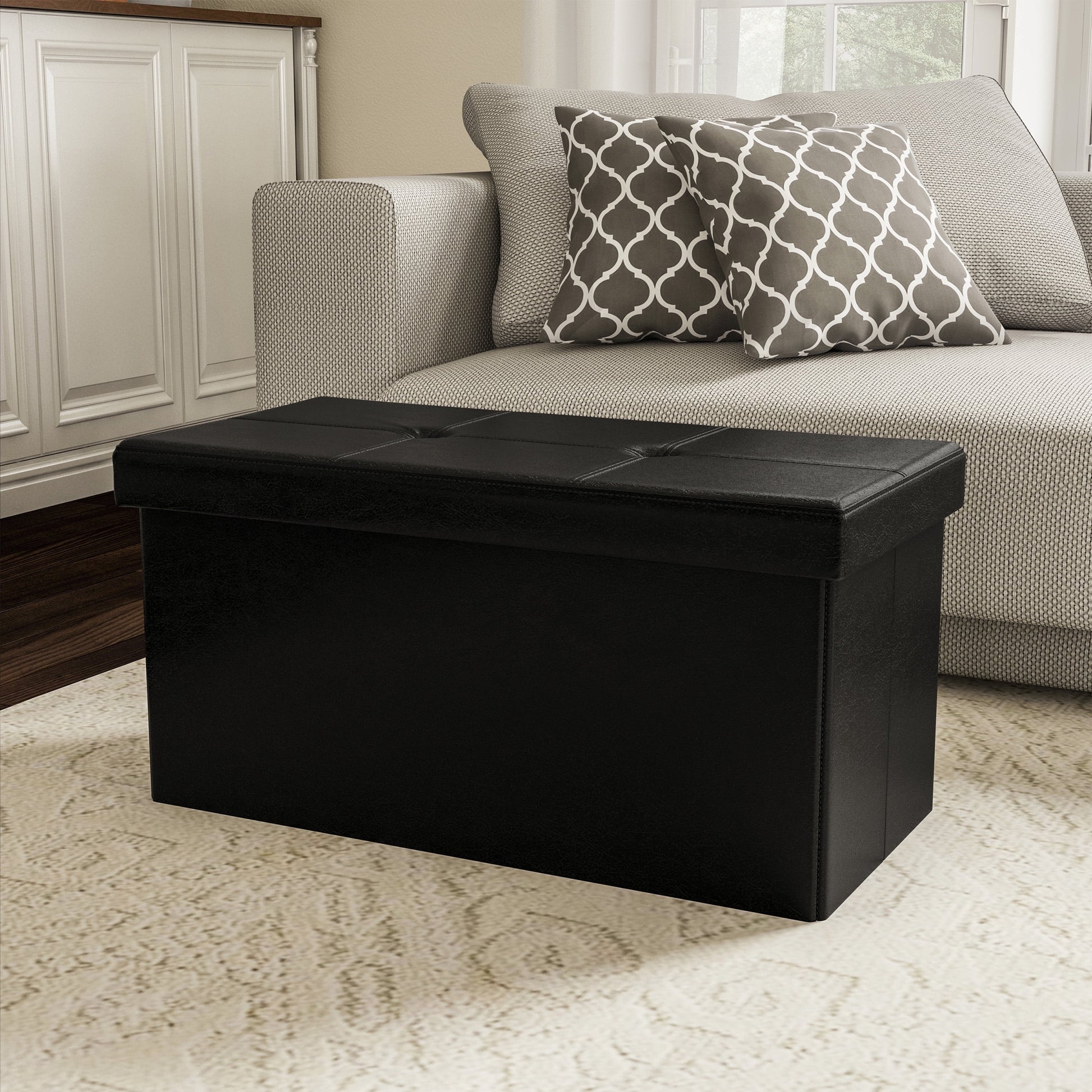 Large Foldable Storage Bench Ottoman ? Tufted Faux Leather Organizer by Lavish Home (Black)