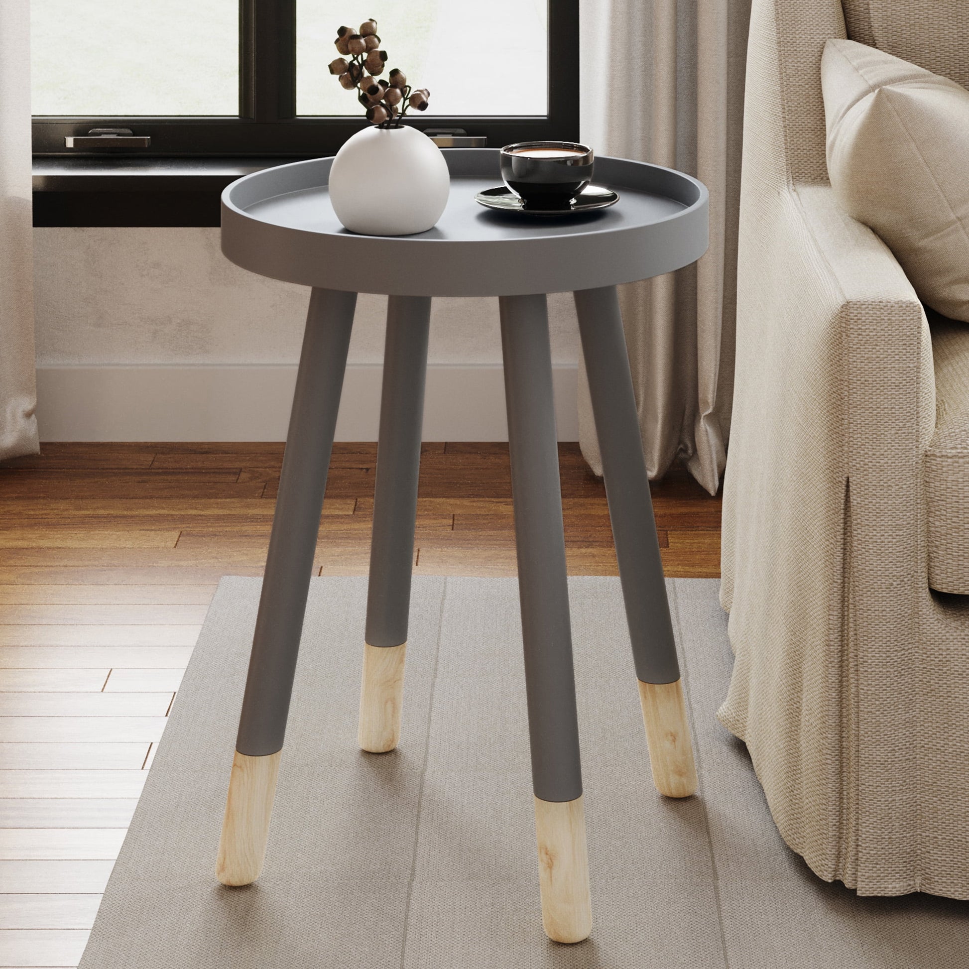 Lavish Home Mid-Century Modern Round End Side Table with Tray Top â€“ Living Room, Bedside & Decor, Gray