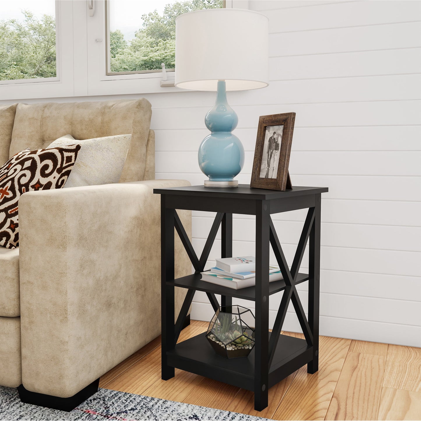Lavish Home Wooden End Table, Modern Style Sofa Side Table with X-Leg Design and Two Shelves (Black)