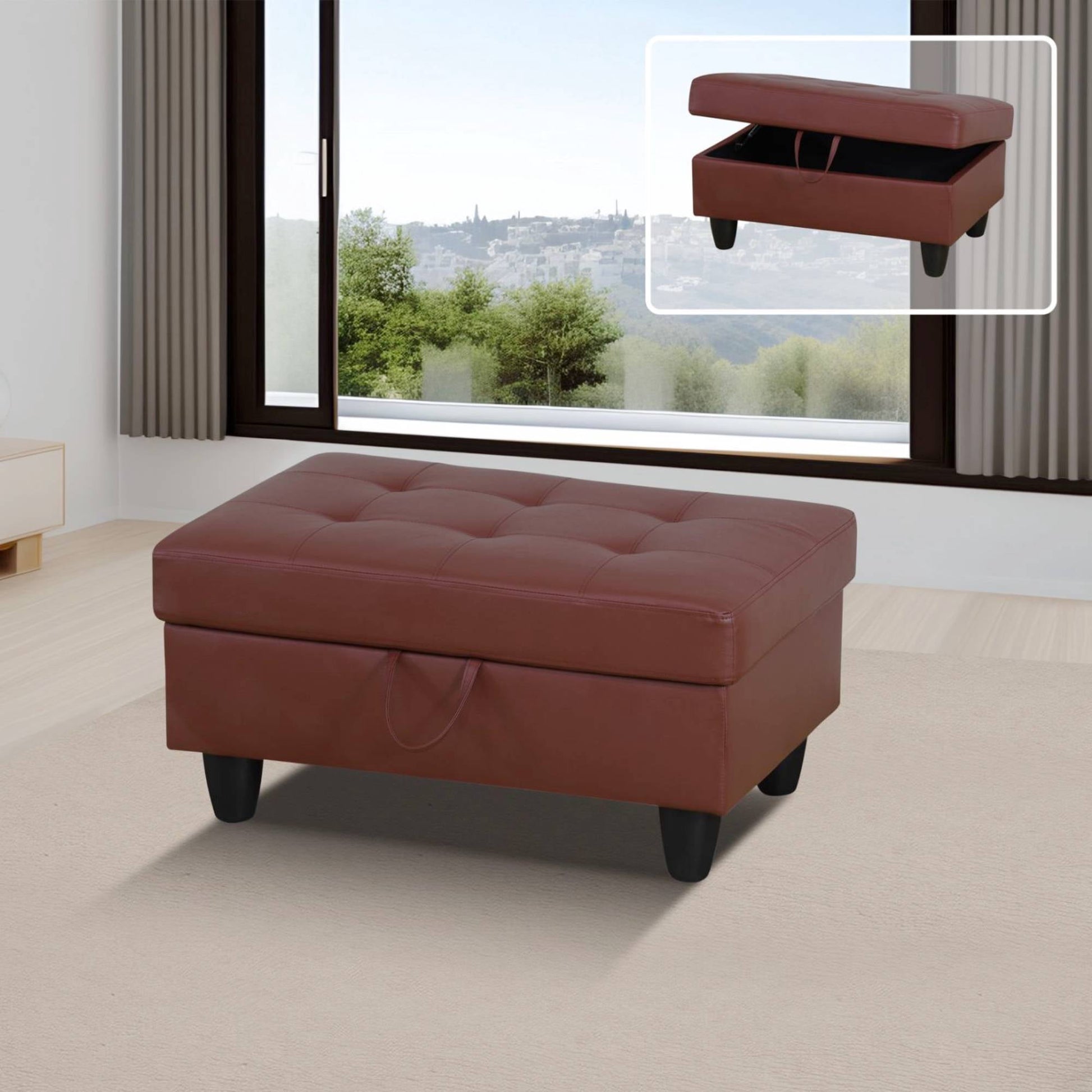 Leather Storage Ottoman, Folding Foot Stool with Storage Button Tufted Ottoman Bench for Living Room,Red