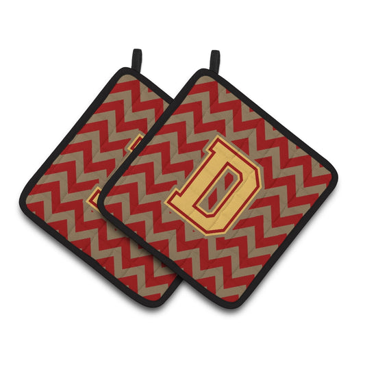 caroline's treasures letter d chevron garnet & gold pair of pot holders cj1048-dpthd, 7.5hx7.5w, multicolor