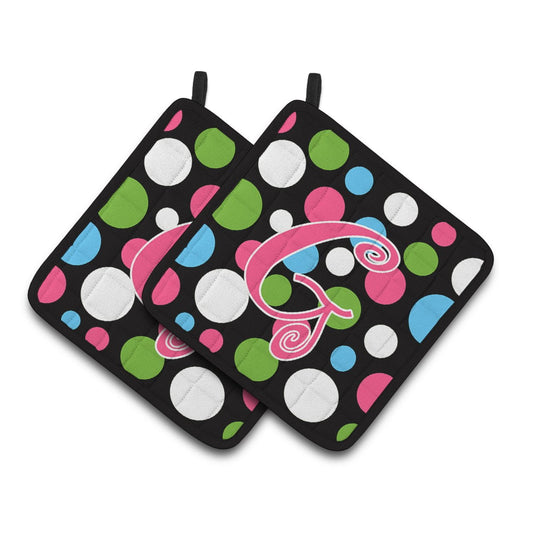 Letter G Initial Monogram - Polkadots and Pink Pair of Pot Holders