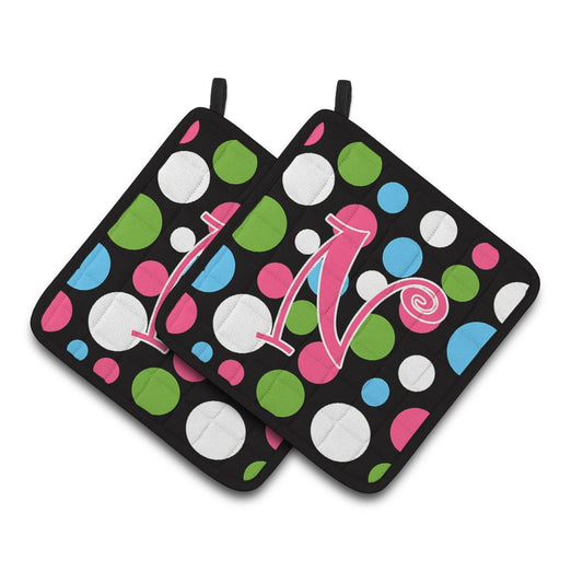 Letter N Initial Monogram - Polkadots and Pink Pair of Pot Holders