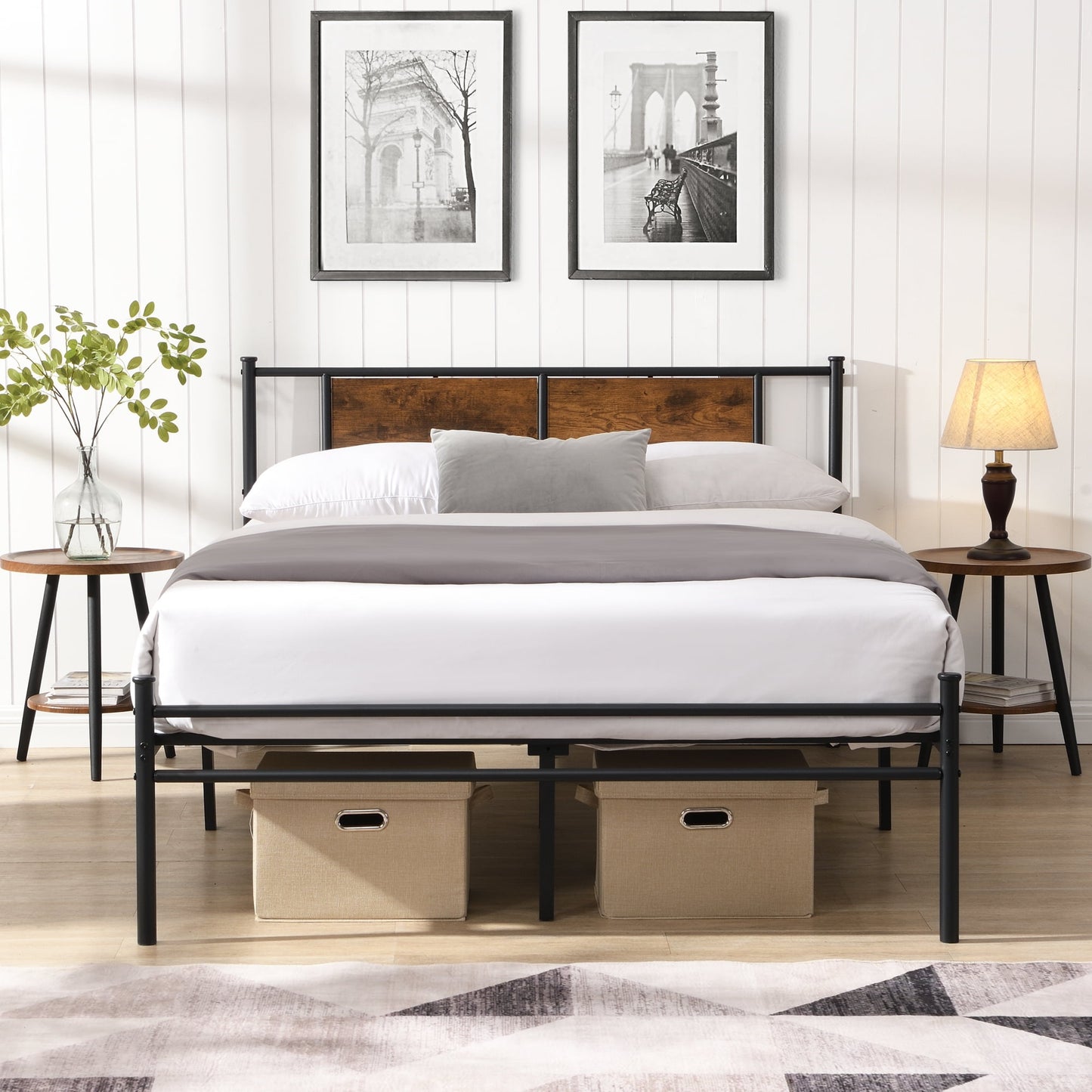 Leumius Full Size Bed Frame, Industrial Metal Platform Bed with Wooden Headboard,Black+Brown