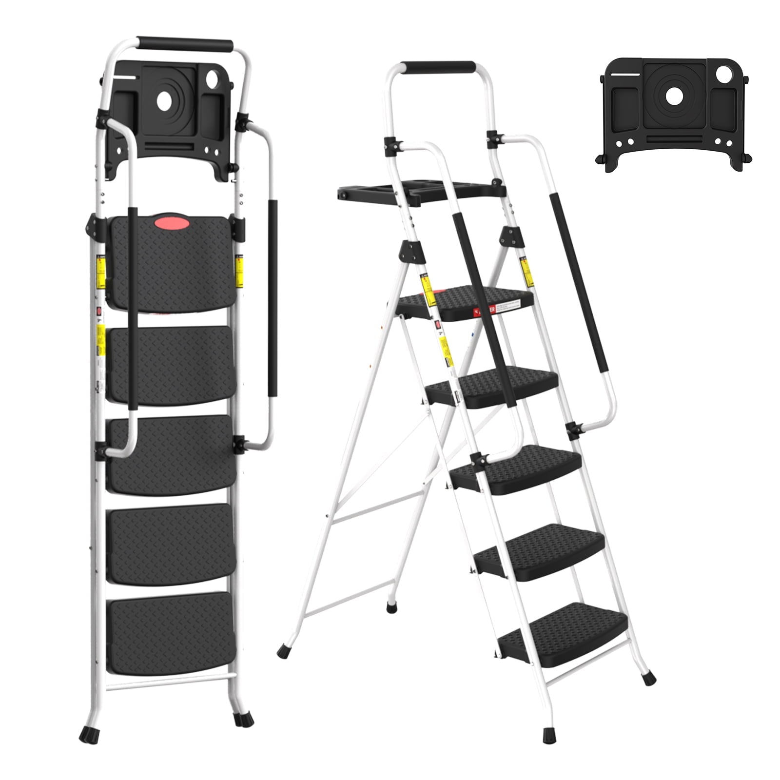 LevLad 5 Step Ladder with Tool Tray, Step Stool with Safety Lock, Non-Skid Wide Steps, Handrails, Household Folding Ladder for Home, Garden, Painting, Outdoor, Garage, White