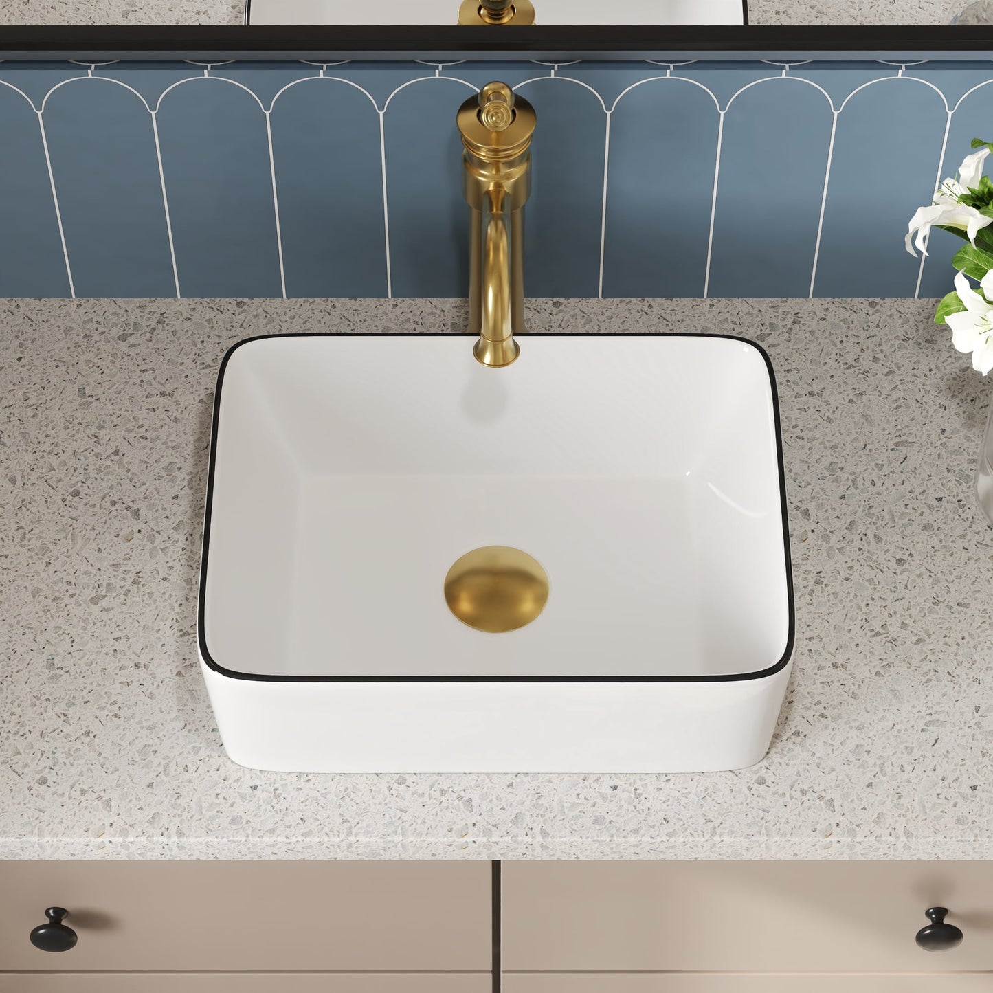 Liberty 16 in. Rectangular Ceramic Bathroom Vessel Sink Art Basin in White and Black Rim Faucet Not Included   DV-1V0317