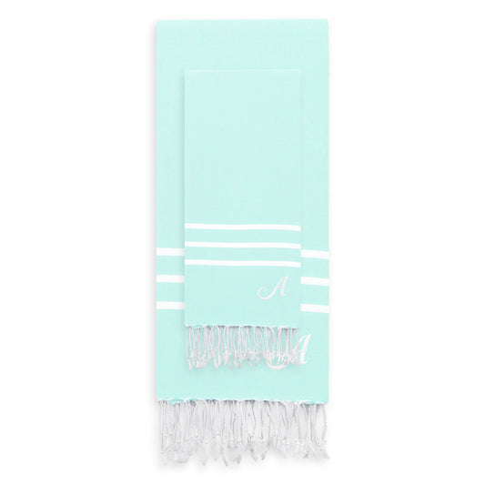 Linum Home Authentic Ella Soft Aqua Monogrammed Pestemal Fouta Turkish Cotton Beach and Head Towel Set (Set of 2) A