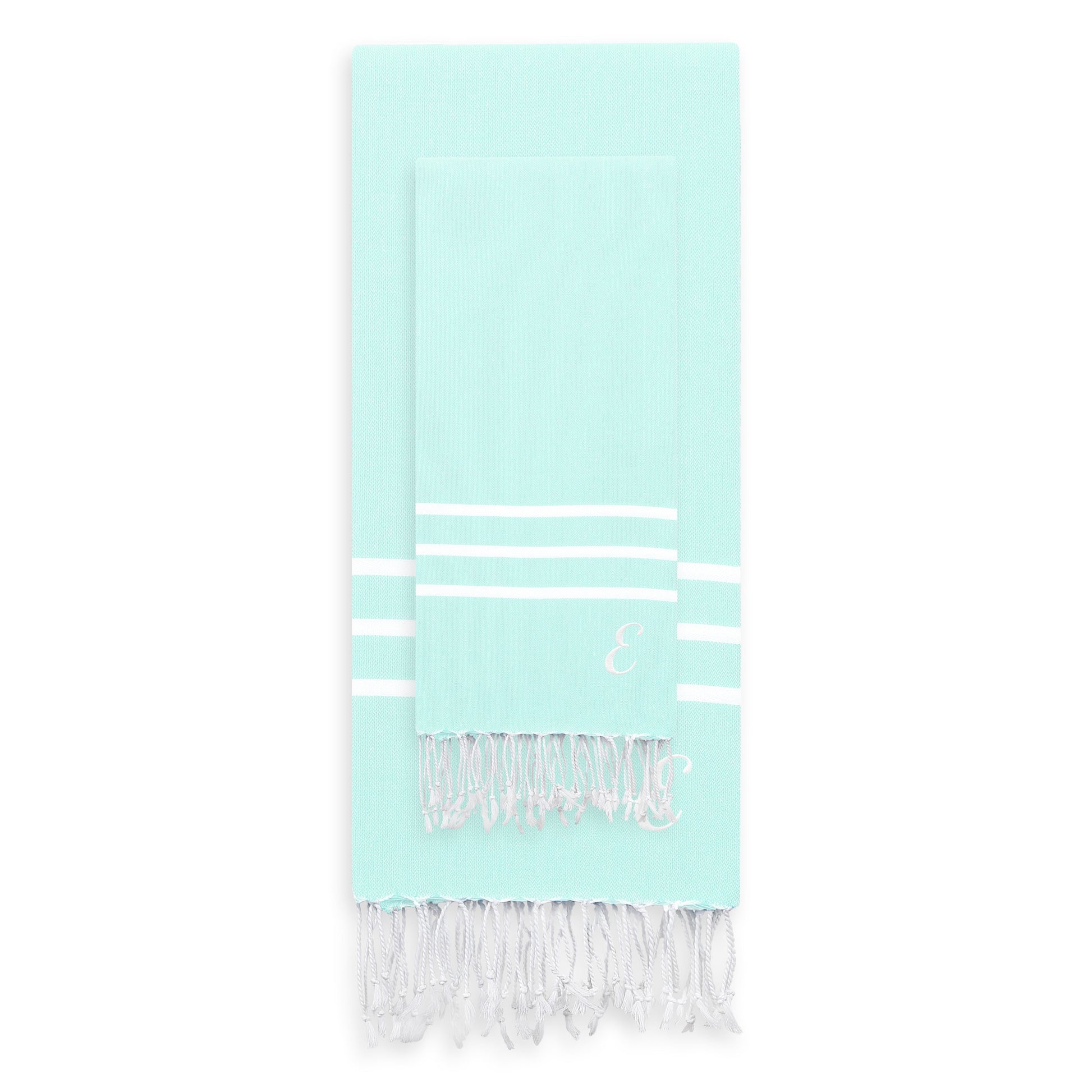 Linum Home Authentic Ella Soft Aqua Monogrammed Pestemal Fouta Turkish Cotton Beach and Head Towel Set (Set of 2) E