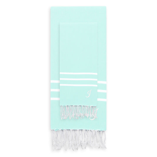 Linum Home Authentic Ella Soft Aqua Monogrammed Pestemal Fouta Turkish Cotton Beach and Head Towel Set (Set of 2) I