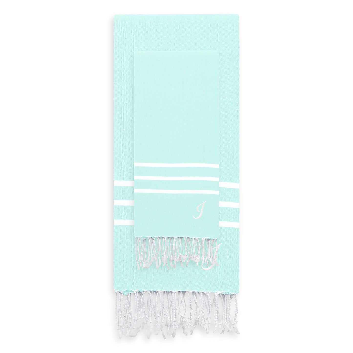 Linum Home Authentic Ella Soft Aqua Monogrammed Pestemal Fouta Turkish Cotton Beach and Head Towel Set (Set of 2) F