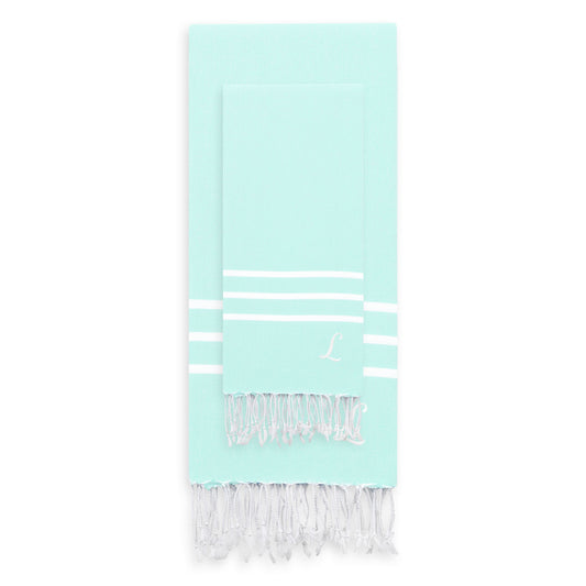 Linum Home Authentic Ella Soft Aqua Monogrammed Pestemal Fouta Turkish Cotton Beach and Head Towel Set (Set of 2) L