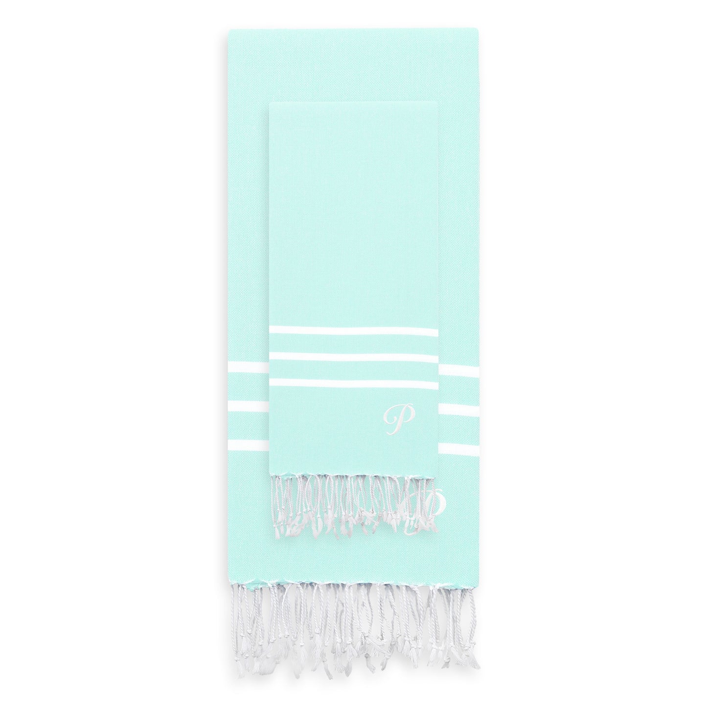 Linum Home Authentic Ella Soft Aqua Monogrammed Pestemal Fouta Turkish Cotton Beach and Head Towel Set (Set of 2) P