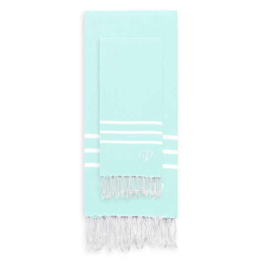 Linum Home AutÃ©ntica Ella Suave Aqua con Monograma Pestemal Fouta AlgodÃ³n Turco Juego de Toallas de Playa y Cabeza (Juego de 2) V