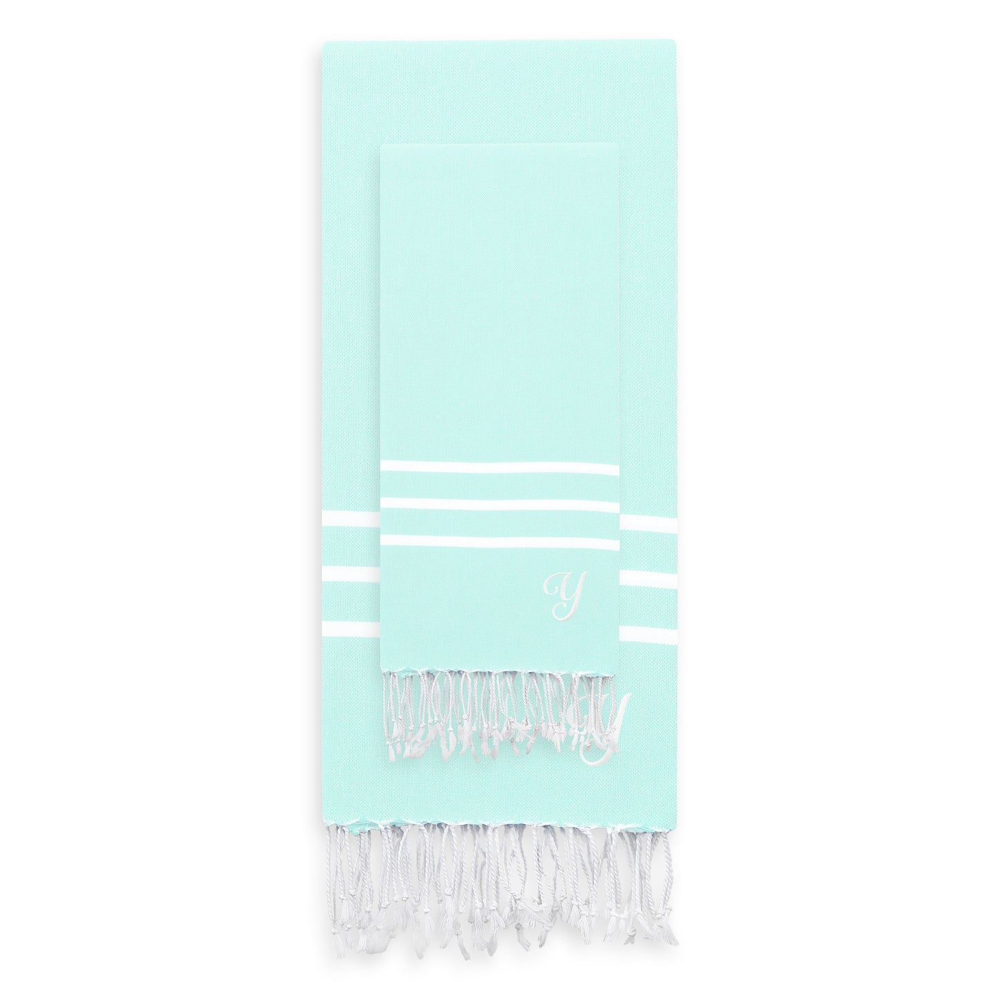 Linum Home Authentic Ella Soft Aqua Monogrammed Pestemal Fouta Turkish Cotton Beach and Head Towel Set (Set of 2) Y