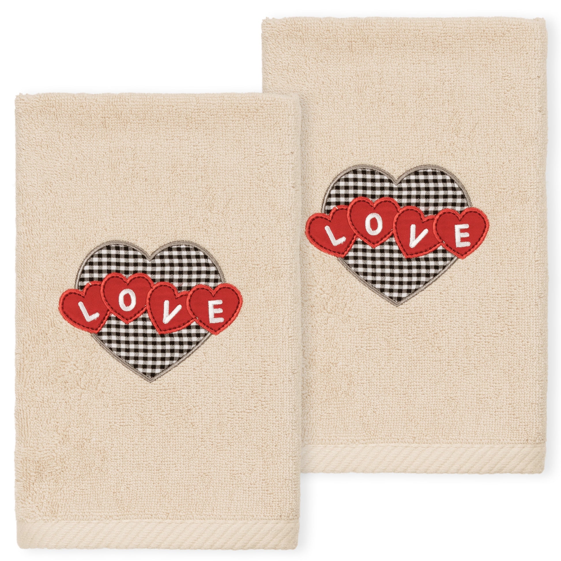 Linum Home Textiles 2 Pieces Embroidery Cotton Hand Towels, 16" x 30", Beige