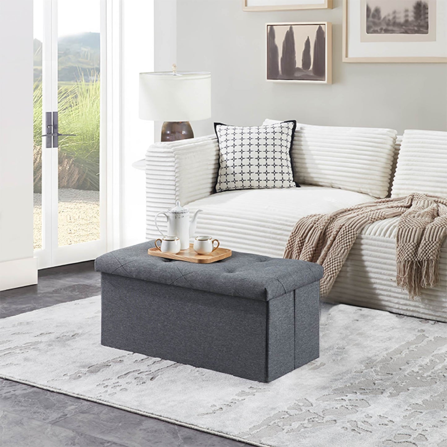 MAYEERTY 30" Folding Storage Ottoman Bench, Upholstered Chest with Lid, Gray