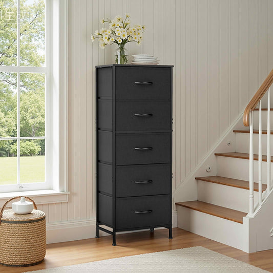 MAYEERTY 5 Drawer Fabric Dresser with Wooden Top, Steel Frame Storage Chest Organizer for Bedroom Nursery Entryway