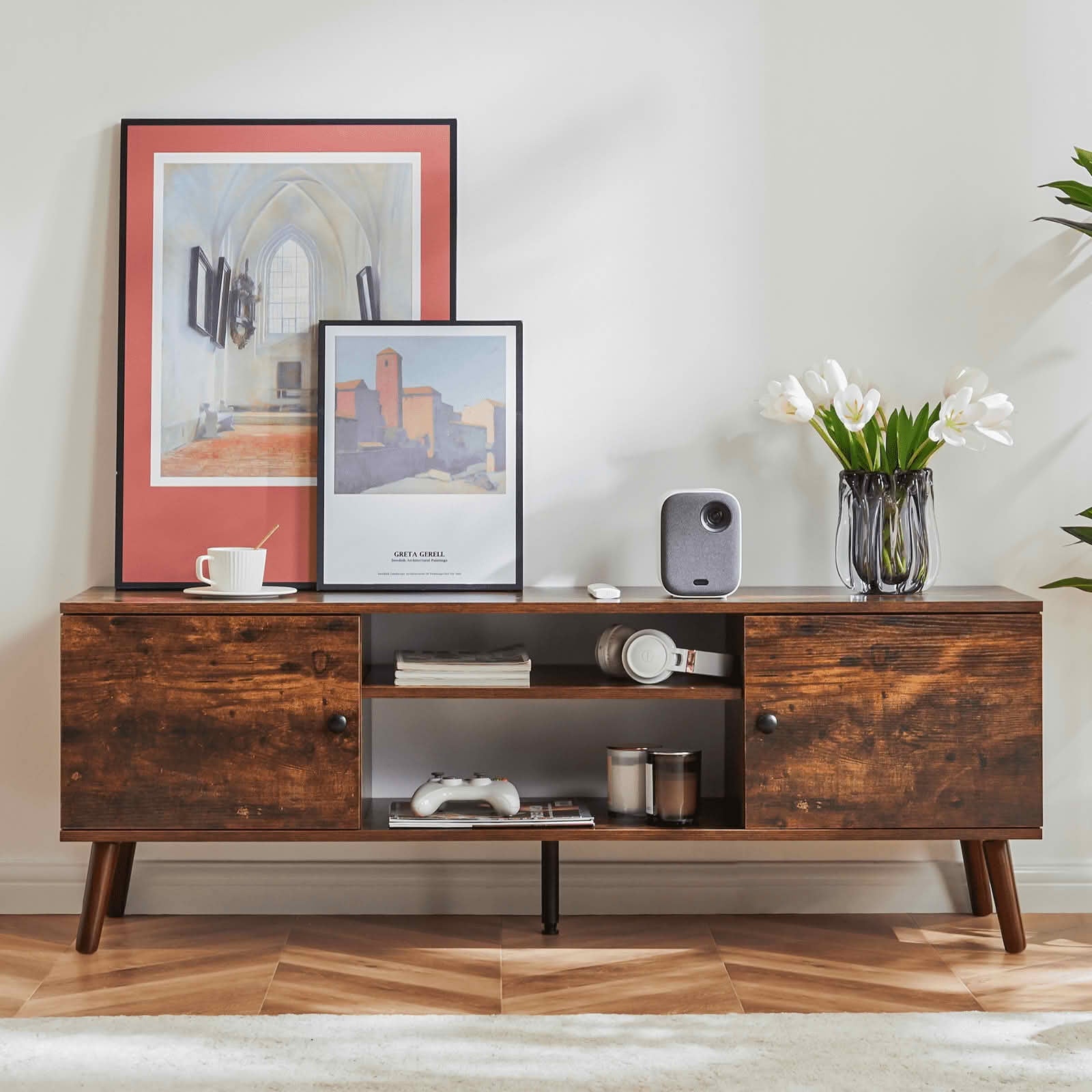MAYEERTY Brown Panel-Style TV Stand - Storage & Display, for Living Room & Office
