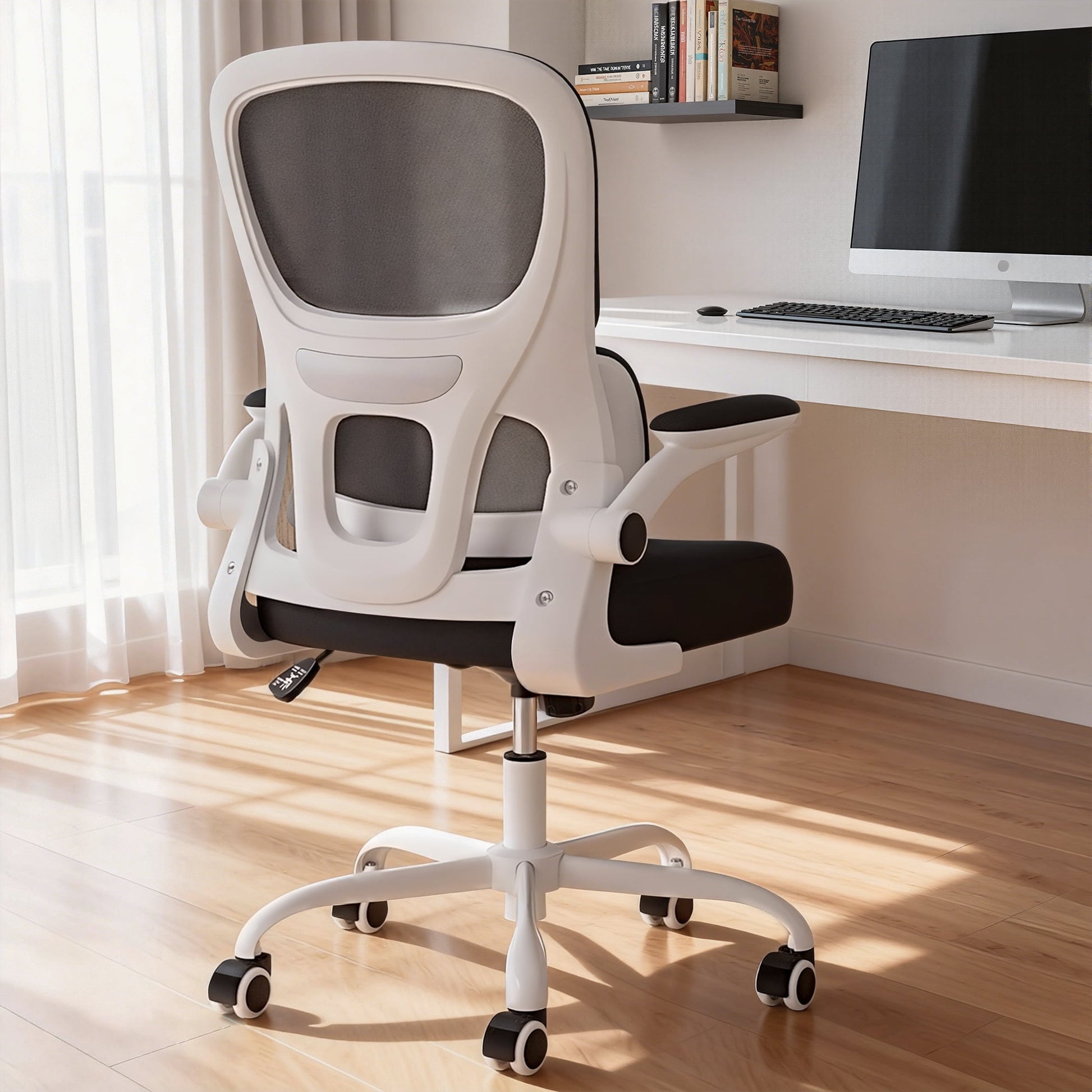 MAYEERTY Ergonomic Home Office Chair with Mesh Back, Lumbar Support, Flip-up Armrests for Work & Study, Black