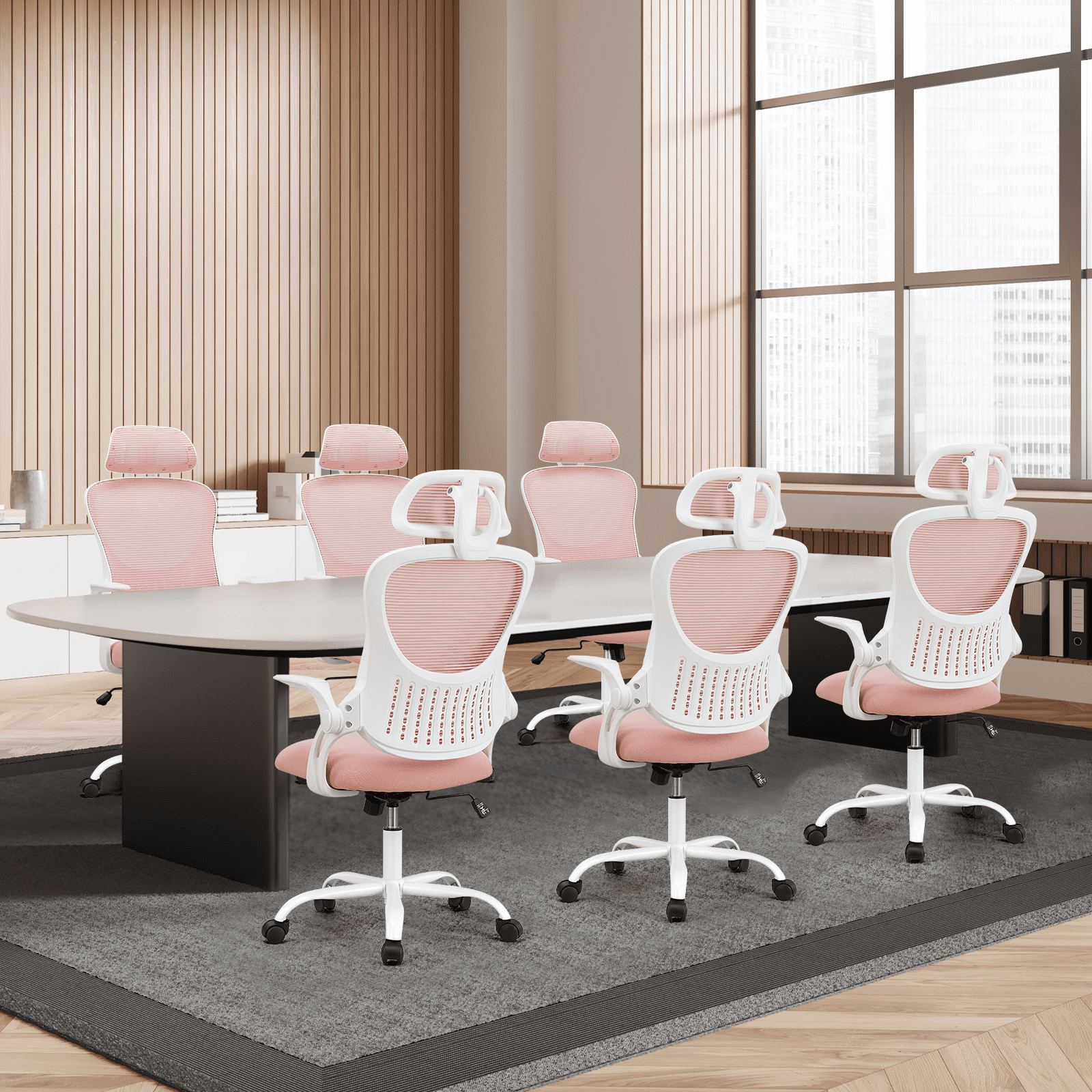MAYEERTY Ergonomic Office Chair, Mesh High Back Adjustable Computer Desk Chair with Headrest, Flip-up Armrests and Wheels, Pink