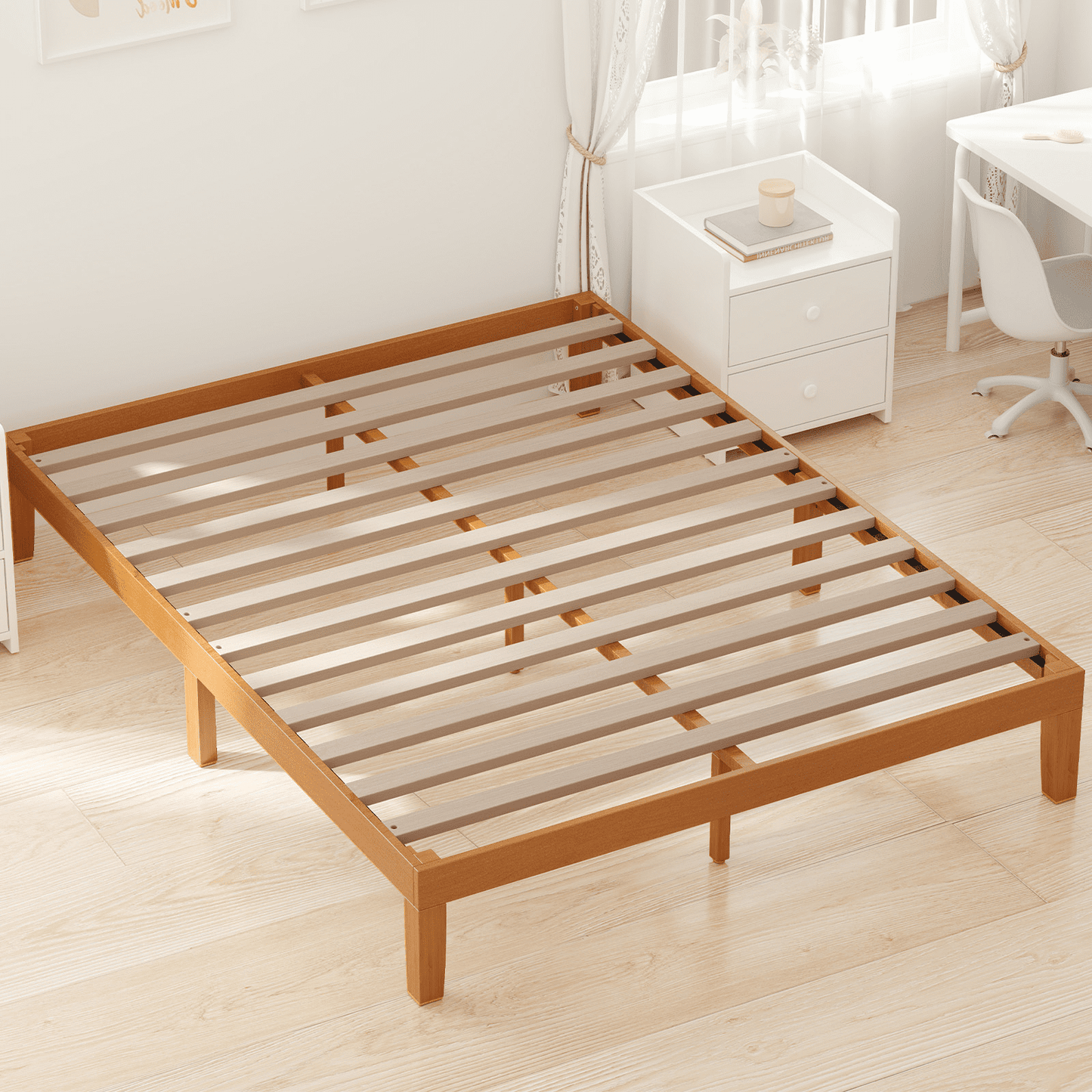 MAYEERTY Full Wood Bed Frame - Natural Pine, Support Slats, Mattress Foundationâ€‹