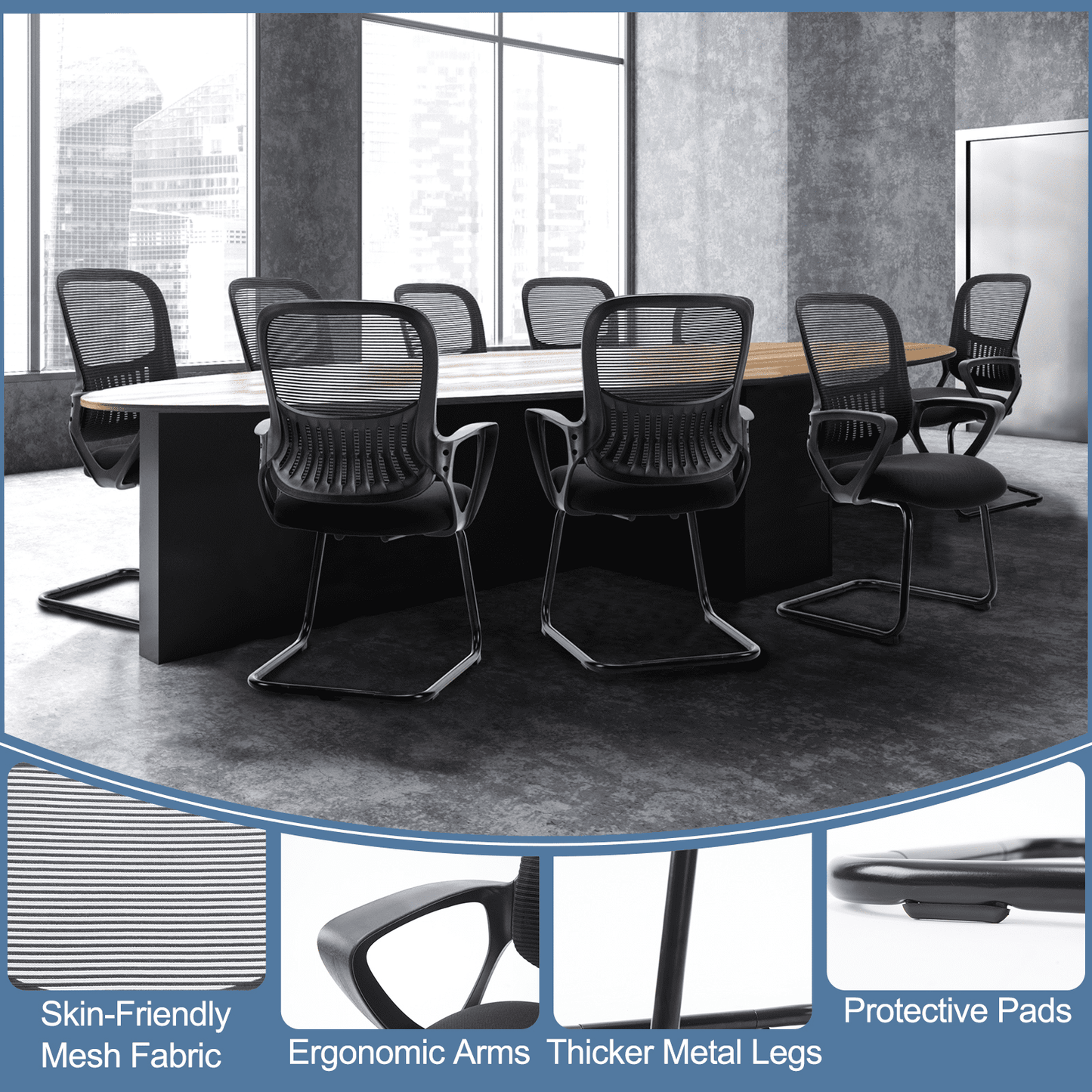 MAYEERTY Office Desk Chair No Wheels, Ergonomic Executive Sled Base Mesh Computer Chairs with Comfy Arms and Lumbar Support for Home Conference Room Bedroom