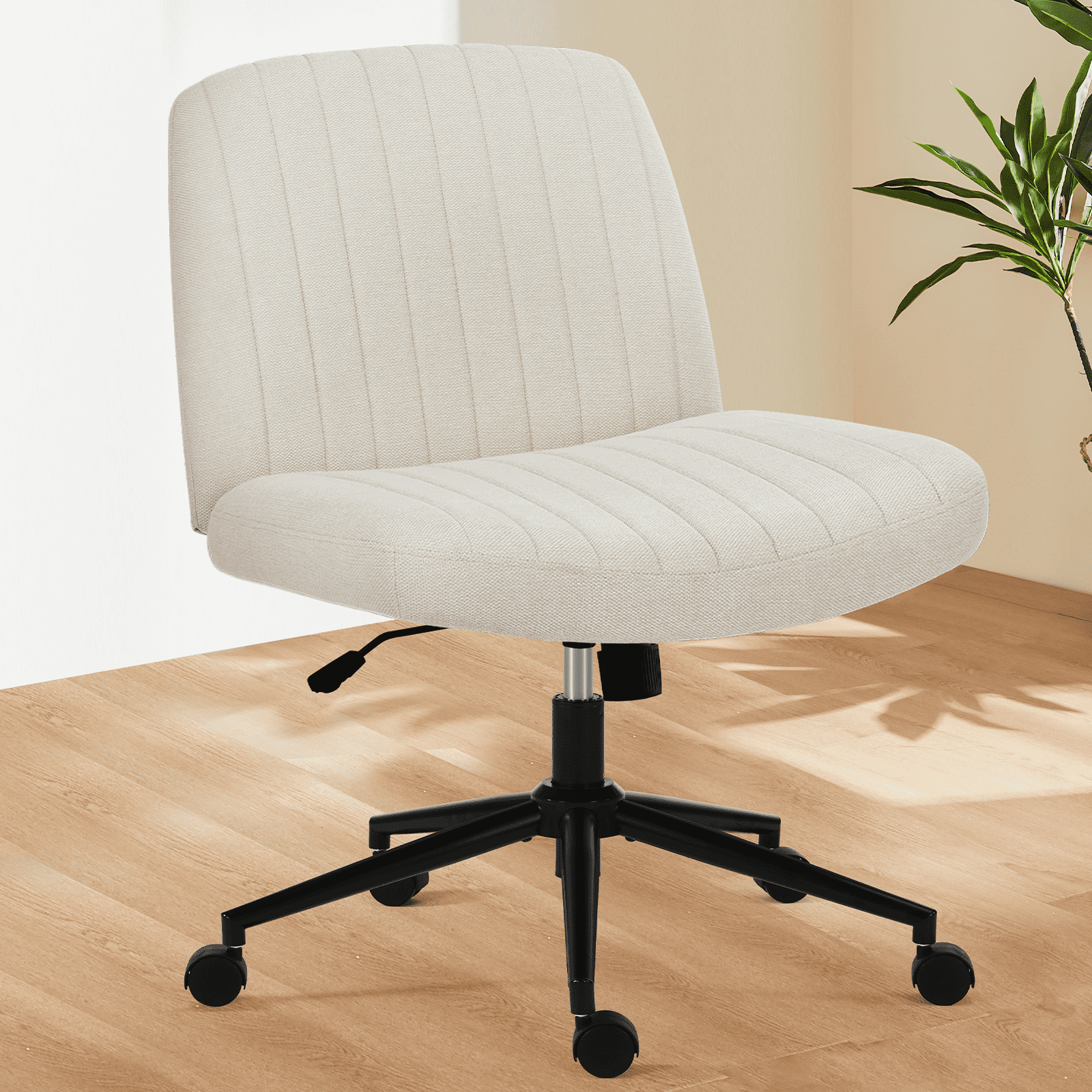 MAYEERTY Office Desk Vanity Chair Cross Legged Armless Swivel Fabric Height Adjustable Wide Seat with Replaceable Wheels/Fixed Base, Comfy Task Chair Padded