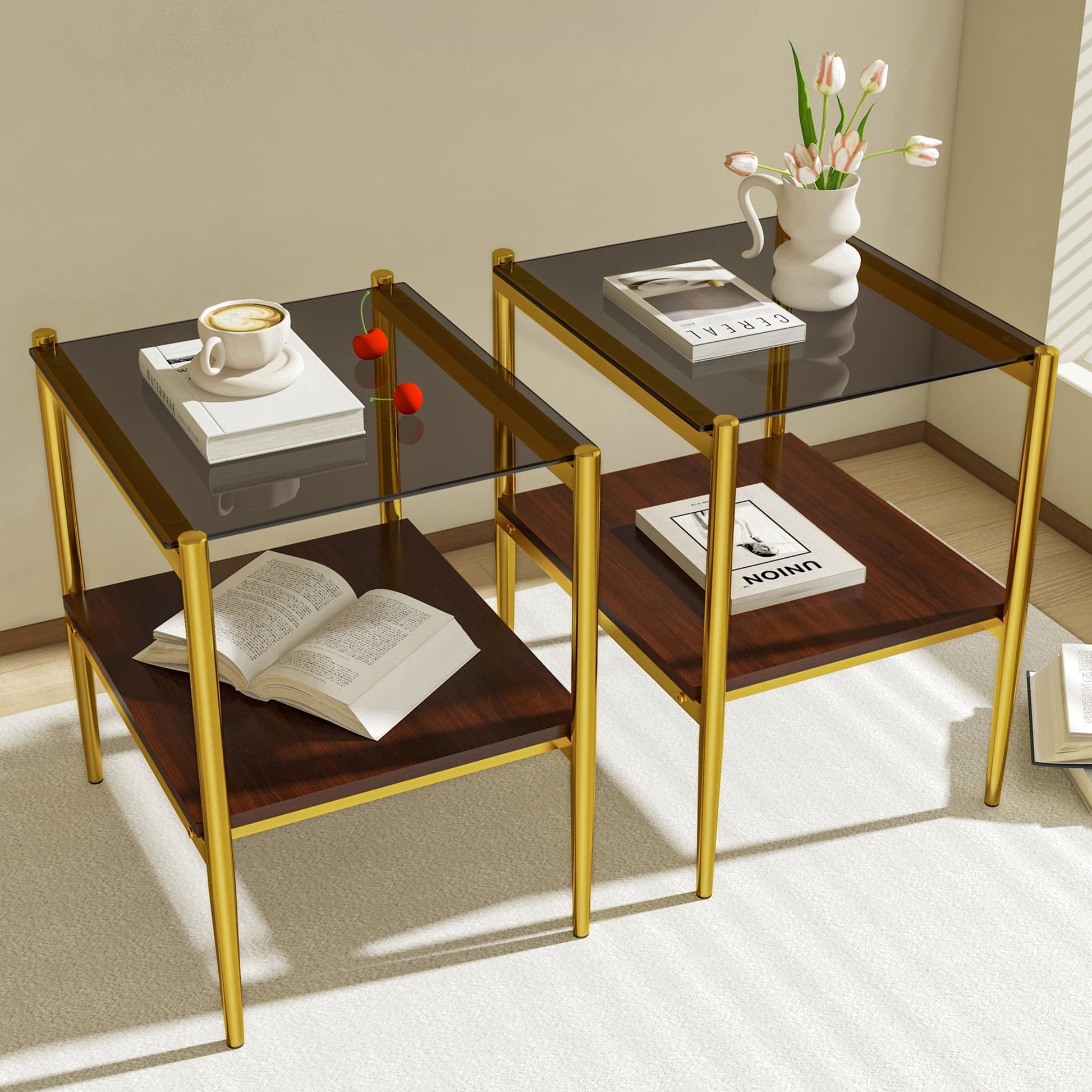 MAYEERTY Set of 2 Rectangle End Tables with Gray Tempered Glass & MDF Layer