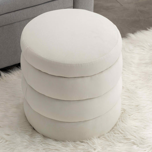 MAYEERTY Boucle Fabric Storage Round Ottoman Footrest Stool, with Wooden Shelving, Black