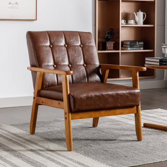 MOONMISS Mid Century Modern Arm Chair with Rubber Wood Frame, Accent Chair with PU Upholstery for Living Room Bedroom Reading Room, Easy Assembly,Brown
