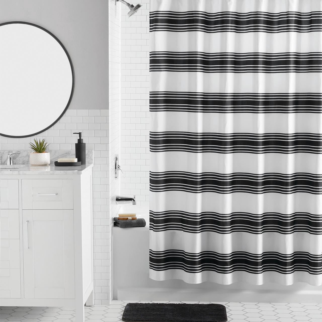 Mainstays 16-Piece Black Stripe Shower Curtain Bathroom Set â€“ Fabric Curtain with Rug, Hooks, Soap Dispenser & Tray