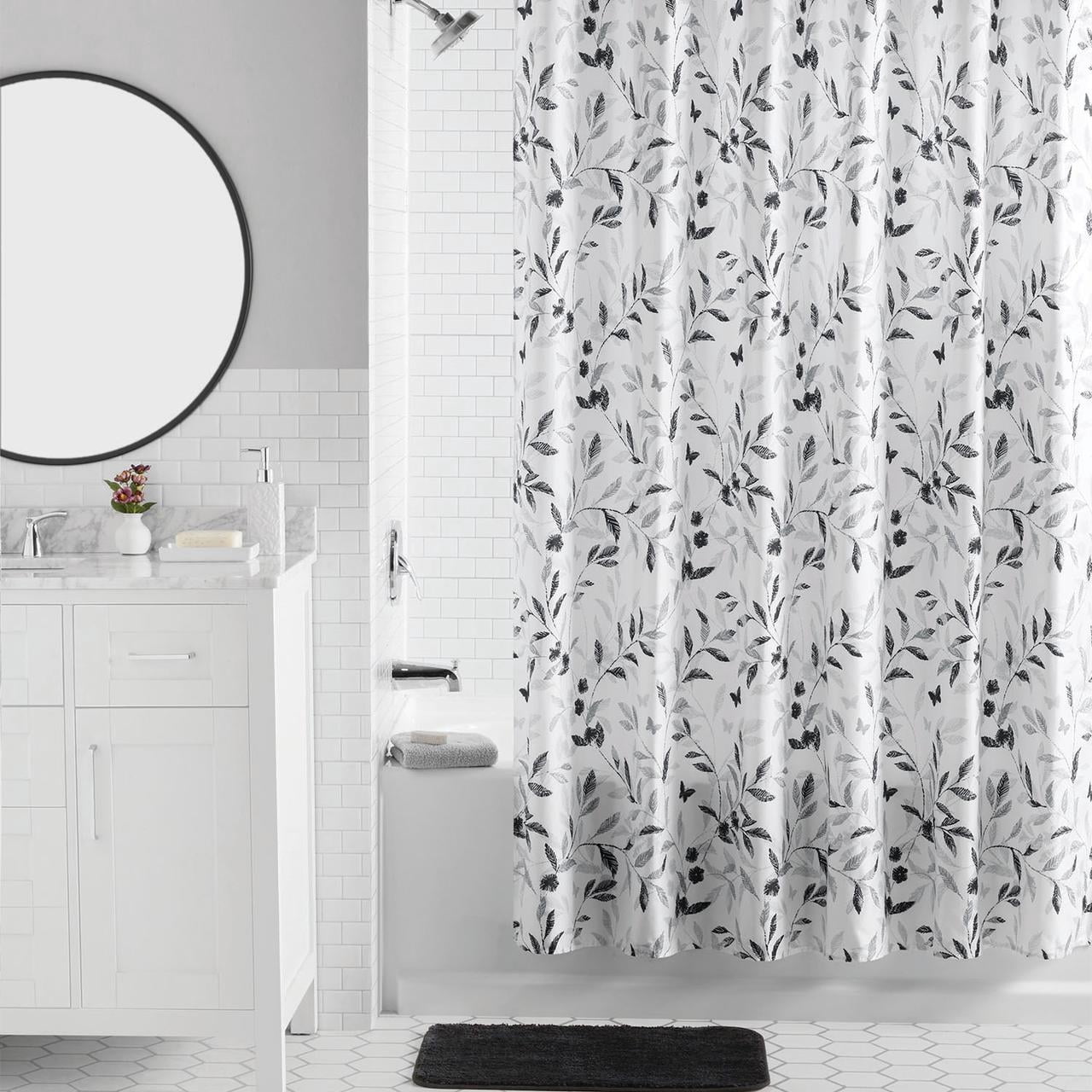Mainstays 16-Piece Black and White Botanical Shower Curtain Bathroom Set â€“ Fabric Curtain with Rug, Hooks, Soap Dispenser & Tray