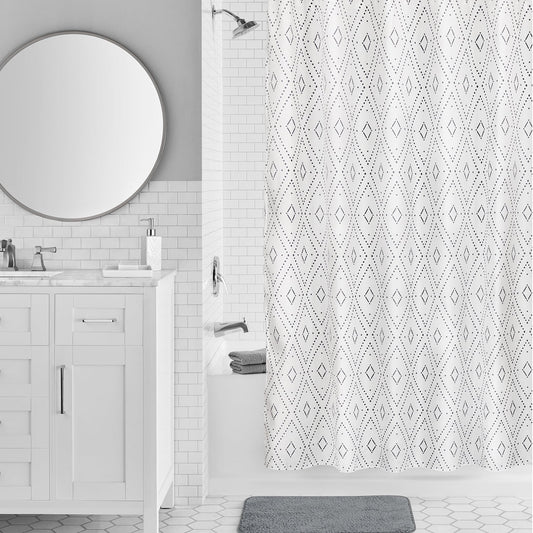 Mainstays 16-Piece White Diamond Pattern Shower Curtain Bathroom Set â€“ Fabric Curtain with Rug, Hooks, Soap Dispenser & Tray