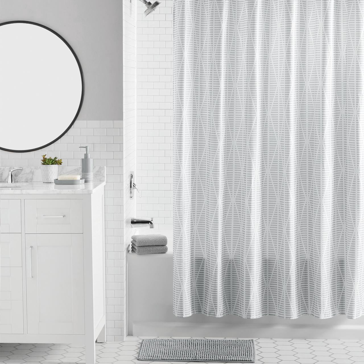 Mainstays 16-Piece Grey Diamond Geo Shower Curtain Bathroom Set â€“ Fabric Curtain with Rug, Hooks, Soap Dispenser & Tray