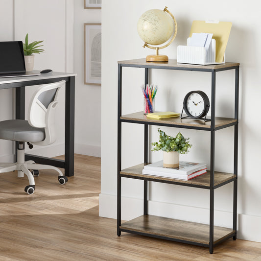 Mainstays 4-Shelf Metal Frame Bookcase, Rustic Brown Finish