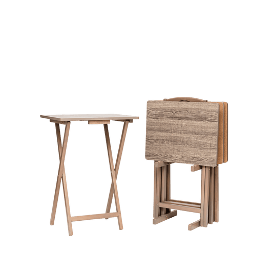 Mainstays 5-Piece Rubberwood Folding TV Tray Table Set of 4 with Storage Rack, Rustic Gray