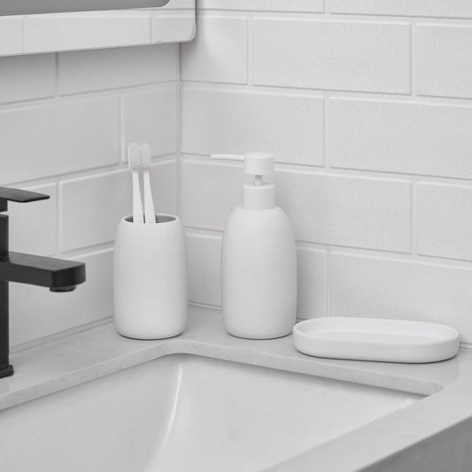Mainstays Ceramic Stoneware Bath Accessories 3-Piece Set, White â€“ Soap Pump Dispenser, Tumbler, and Accessory Tray