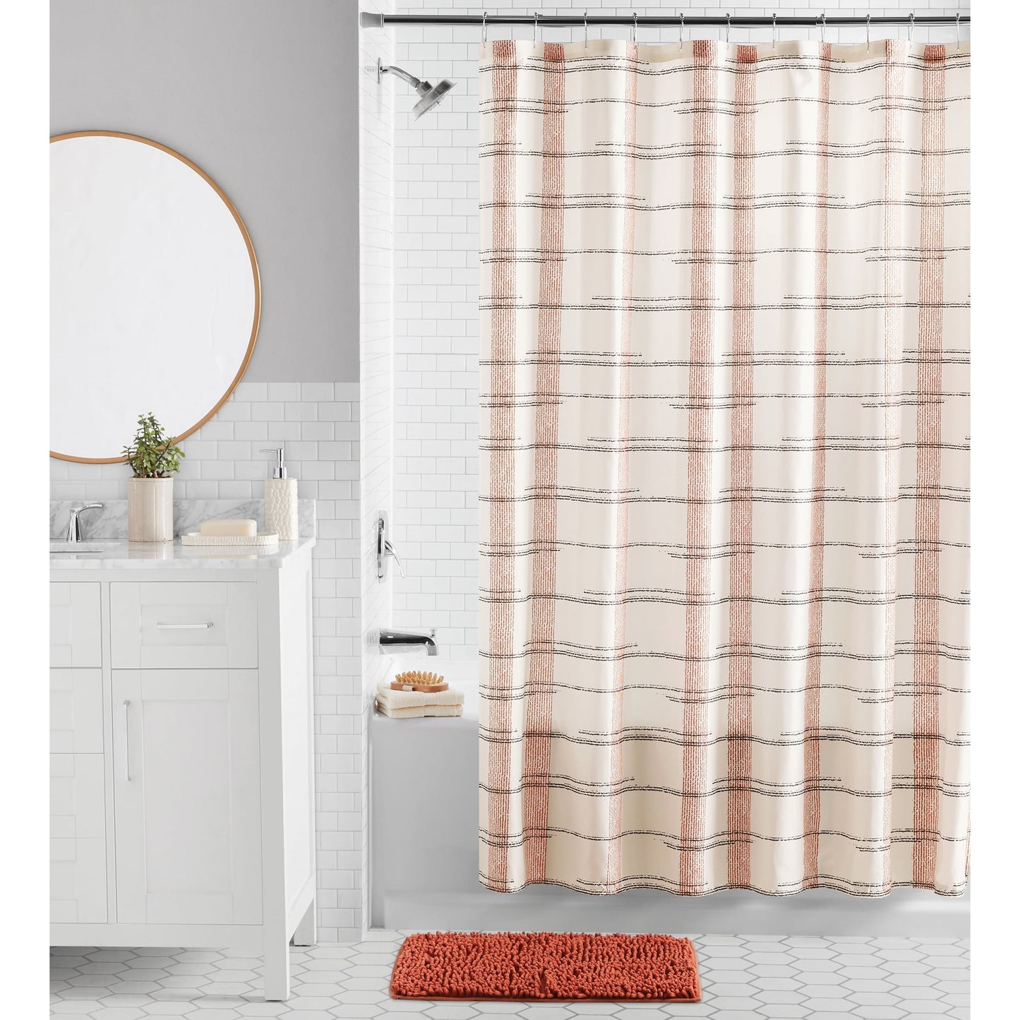 Mainstays Red Plaid Shower Curtain Set â€“ 16-Piece Bathroom Set with Hooks, Bath Rug, Soap Pump & Tray â€“ Red Canyon, Machine Washable