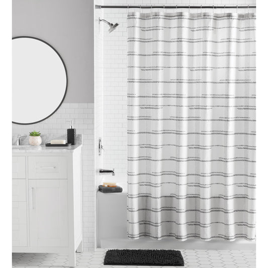 Mainstays 16-Piece Black Plaid Shower Curtain Bathroom Set â€“ Black Fabric Curtain with Rug, Hooks, Soap Pump & Tray