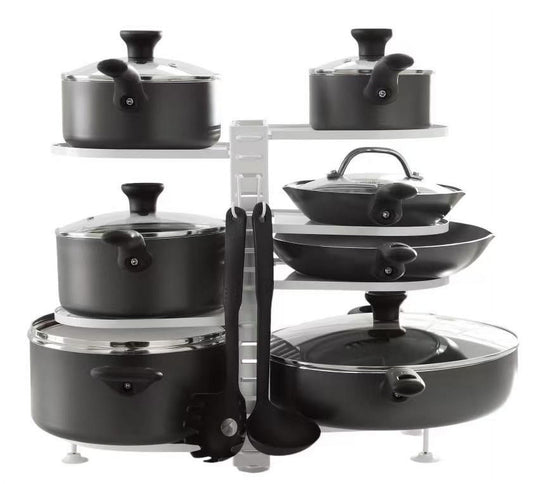 Mainstays Stainless Steel Pots and Pans Organizer, 8 Adjustable Shelves, Steel, White, Designed to Help with Countertop or Cabinate Lid Organization