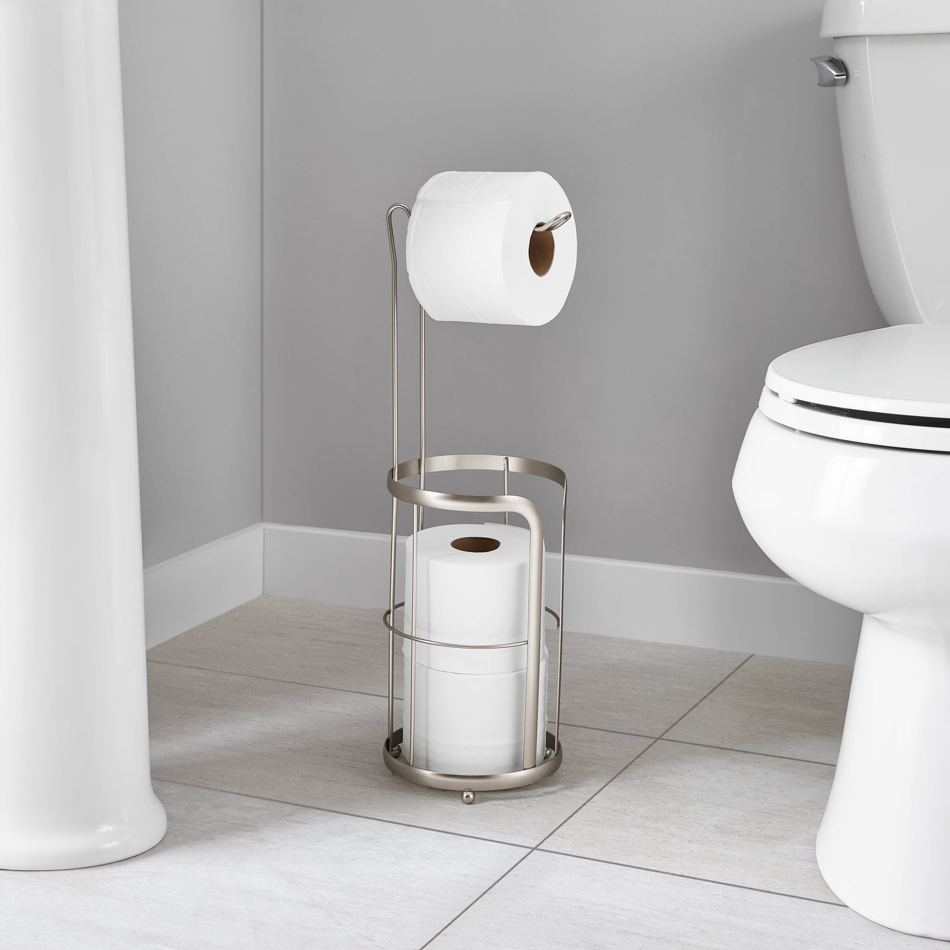 Mainstays Free Standing Satin Nickel Toilet Paper Holder and Roll Reserves Storage