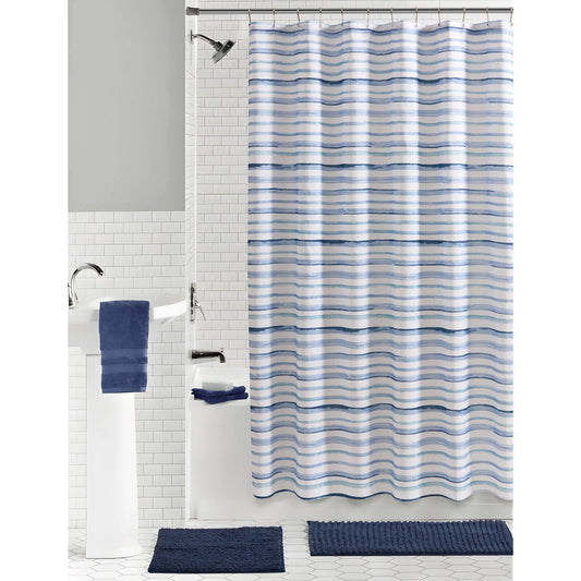 Mainstays Sketch Stripe 15 Piece Shower Curtain Bath Set, 70 x 72, Blue Placid