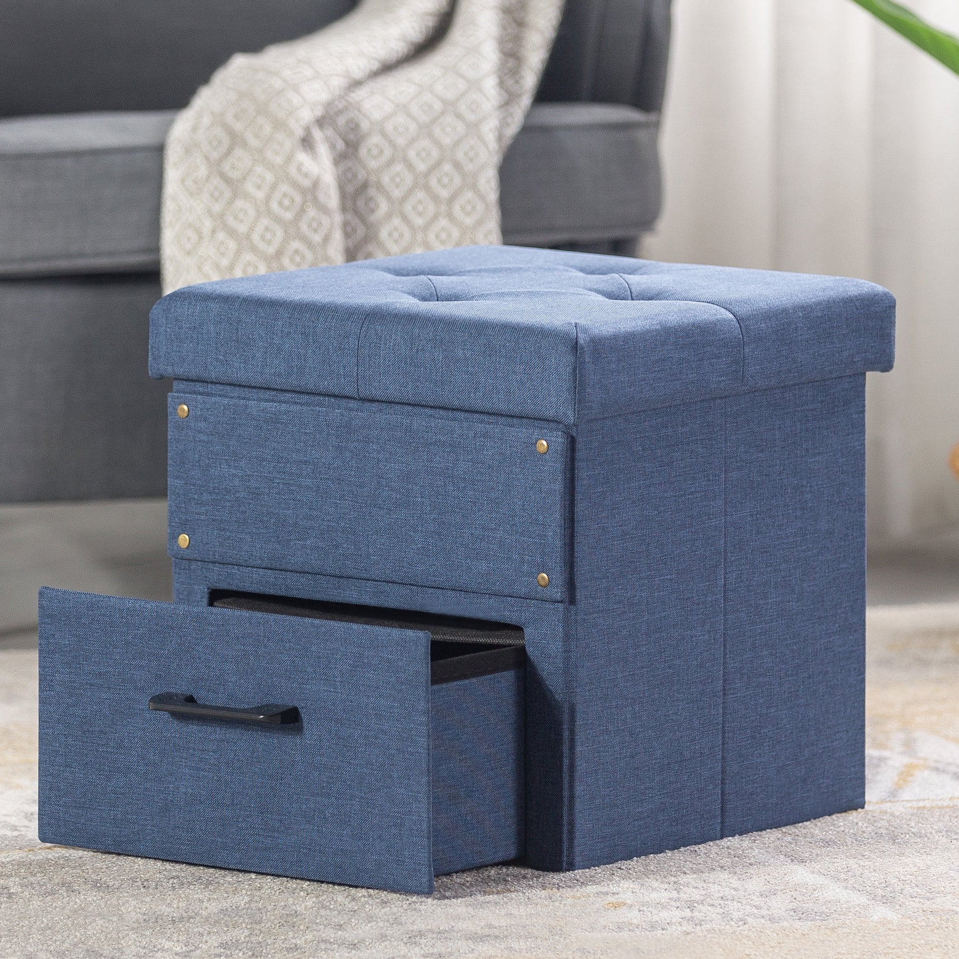 Mellow Stockbox 15" Ottoman with Storage Drawer, Blue