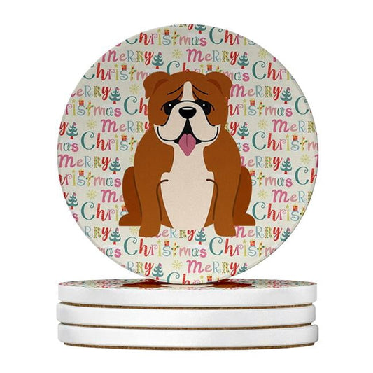 Merry Christmas English Bulldog Red White Large Sandstone Coasters Pack of 4 4 in x 4 in