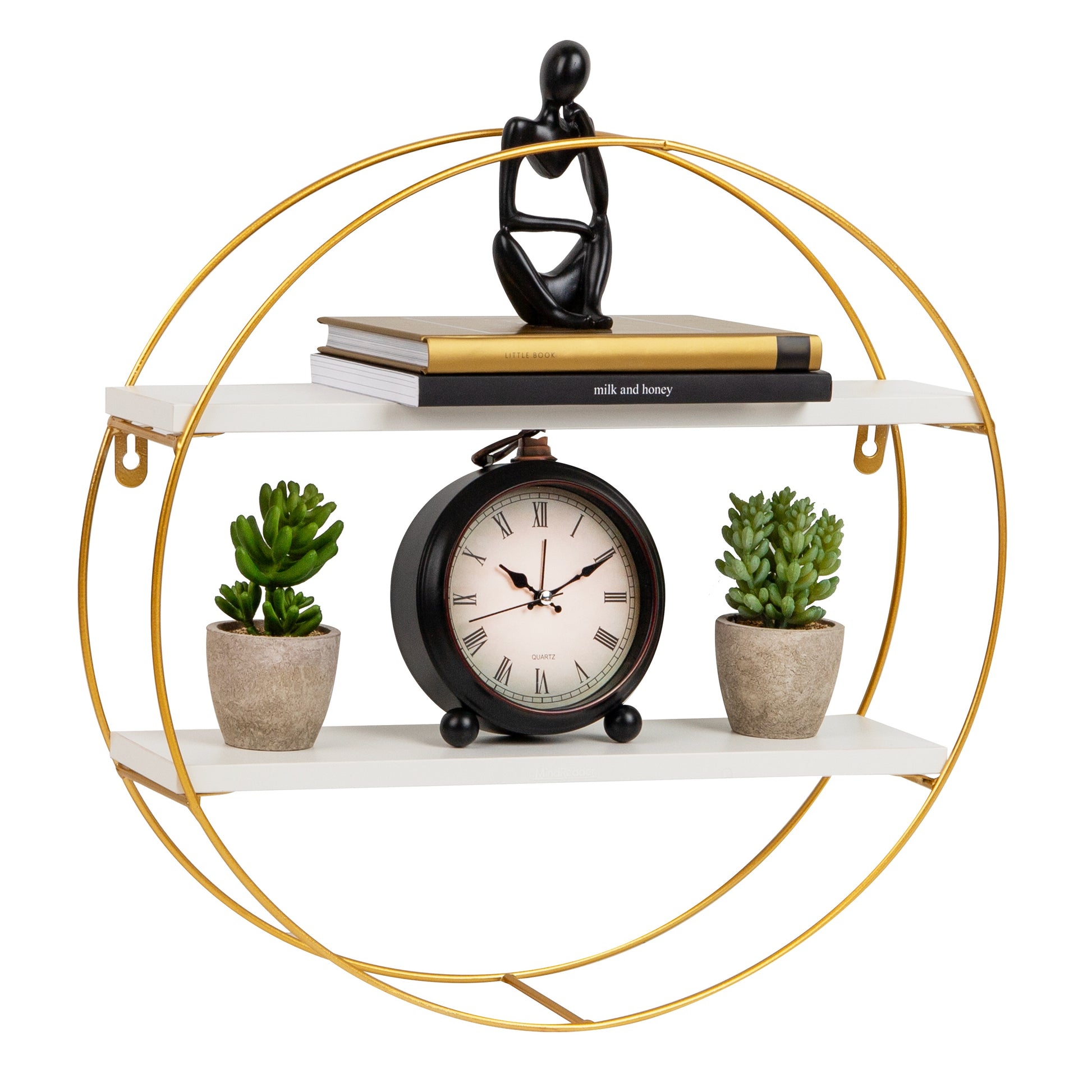 Mind Reader Floating Round Wall Shelves, Gold Metal Frame with Dual White Display Shelves, Decorative Wall-Mounted Organizer, Metal, MDF, White