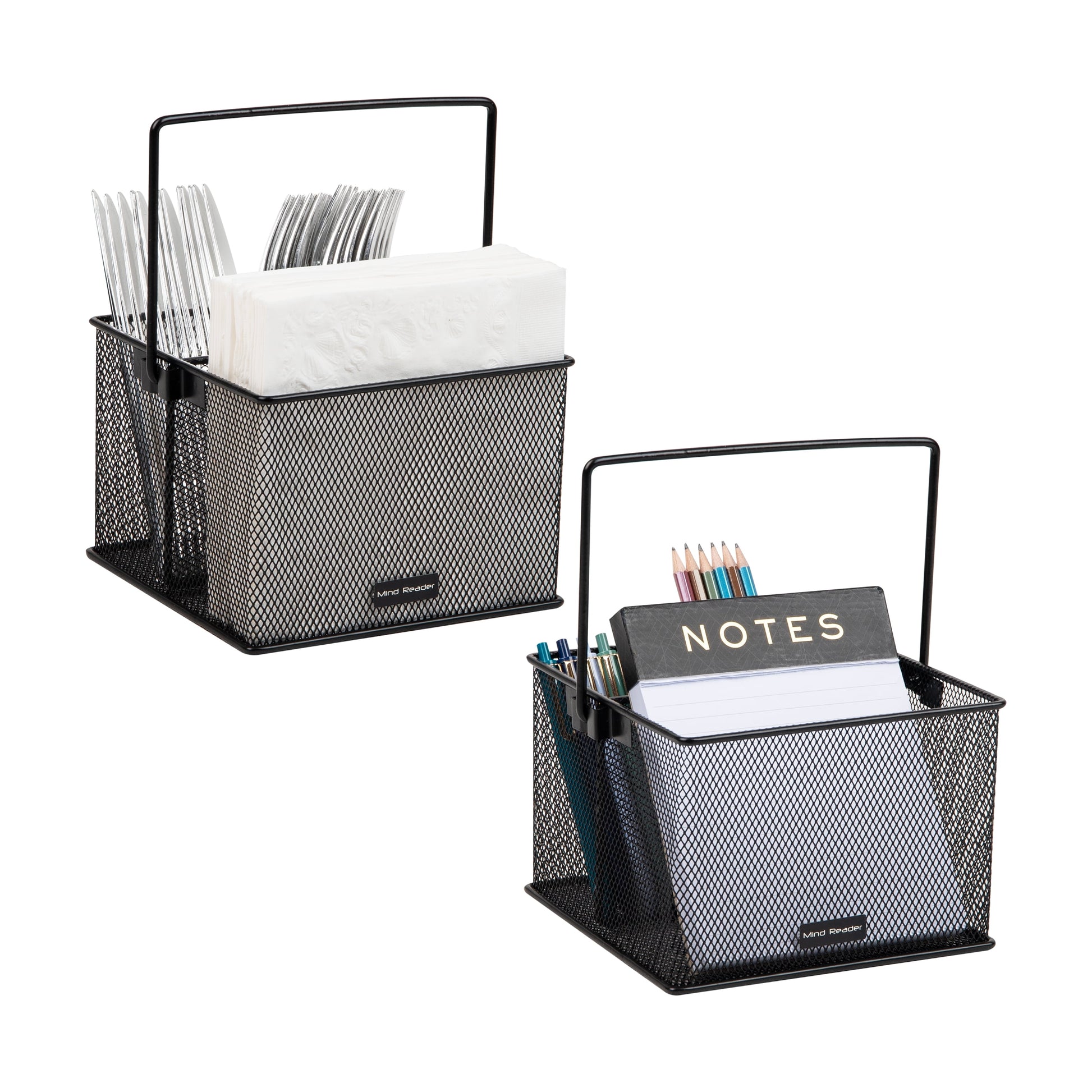 Mind Reader Multi-purpose Storage Caddy, Desktop Organizer, Cutlery Holder, Metal Mesh, Set of 2, Black